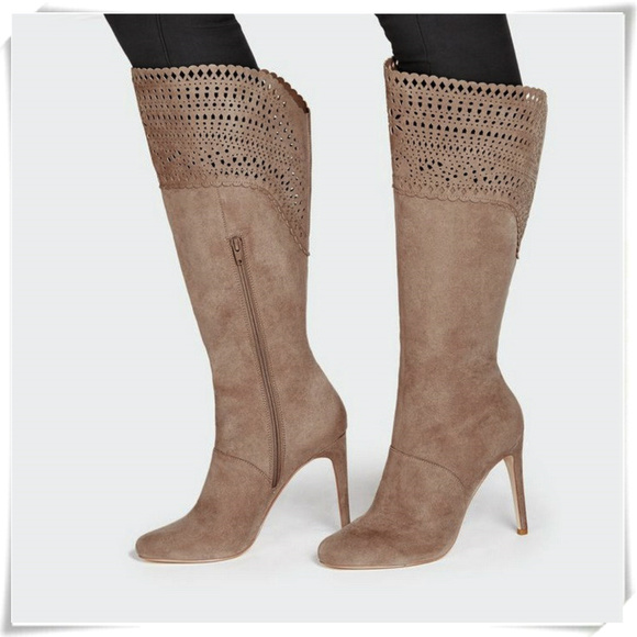 JustFab Shoes - Boho High Heel Boots w/ Laser Cut Outs in Taupe